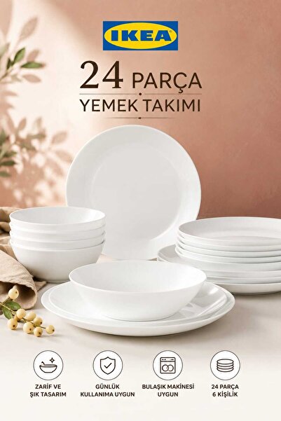 IKEA AKDENİZ OFTAST 24 Parça Yemek Takımı Beyaz 6 Kişilik Temperli Cam