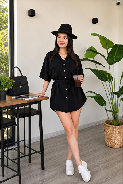 Generic Brand Women's Belted Oversize Shirt Tunic with Pockets Loose Fit