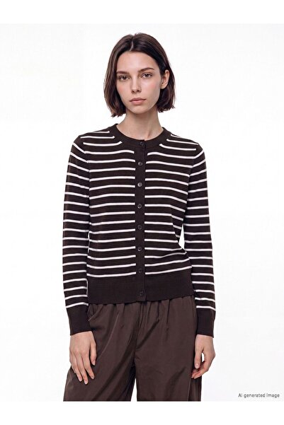 LC Waikiki Lcw Modest Brown Crew Neck Striped Women's Knitwear Cardigan