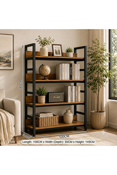 KEKE Modern Steel & Wood Bookcase, Multi-Tier Display Shelf, Heavy-Duty Storage Rack for Living Room, Bed