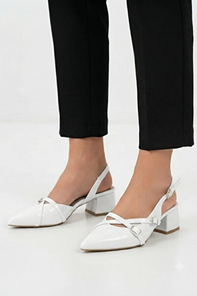 mihra home Miles Women's White Patent Leather Double Buckle 4 cm Heeled Class...