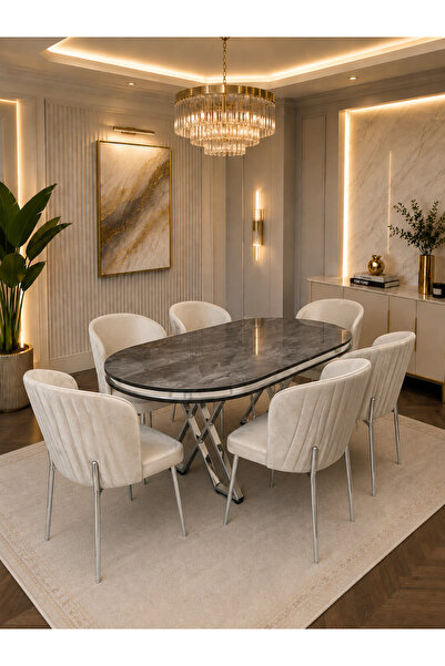 Concept Ayz Home Pera Krom Serisi 6 Kişilik Krem Kumaş 90*168 İrony Lake Pane...
