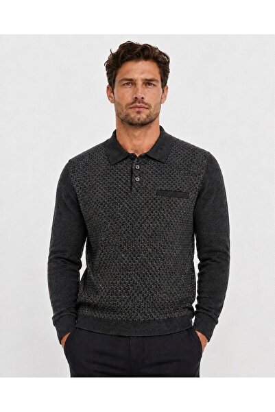ONNO Men's Polo Collar Tricot Sweater with Elastic Waist, Steel Knitting, Cla...