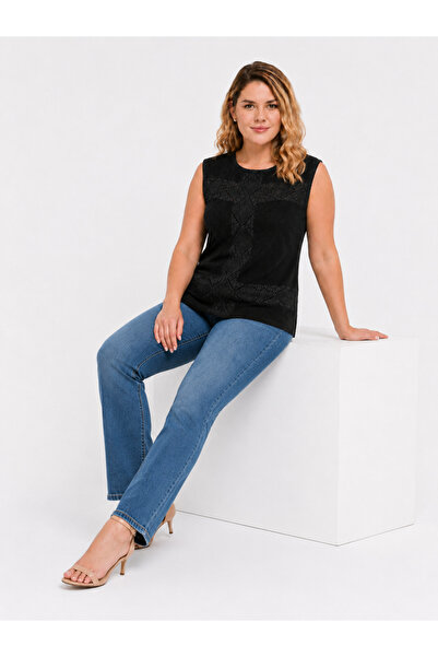 Şans Women's Plus Size Black, Lace Front, Crew Neck Cotton Blouse 65N39599