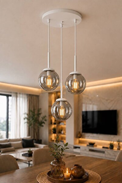 VENON FERİS 3.LÜ SARKIT BEYAZ || 30 CM TEPSİ AVİZE || FÜME GLOP CAMLI AVİZE |...