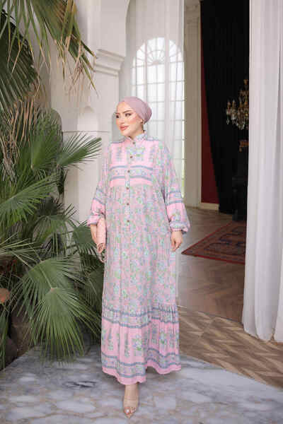 İmajButik Powder Half Buttoned Sleeves Elastic Skirt Layered Viscose Dress