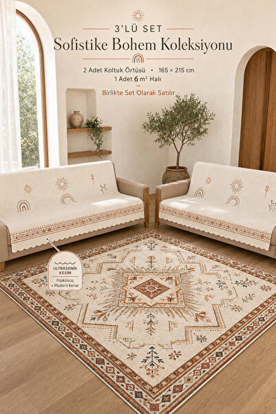 GECE HOME 3’lü Set 2 Adet 165x215 cm Koltuk Örtüsü + 1 Adet Kaymaz Taban Diji...