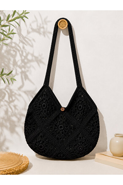 Verda Desing Hand Knitted Motif Straw Black Color Bag - Natural Paper Rope De...