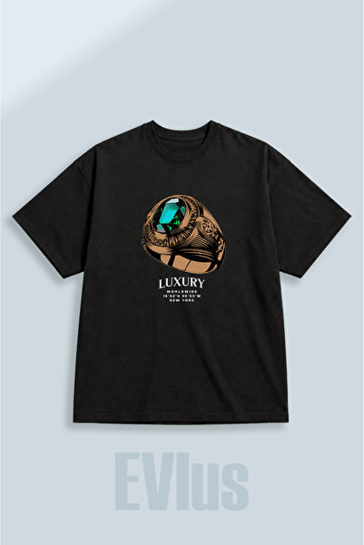 EVIus Tricou negru supradimensionat, de lux, imprimat, 100% bumbac, cu decolt...