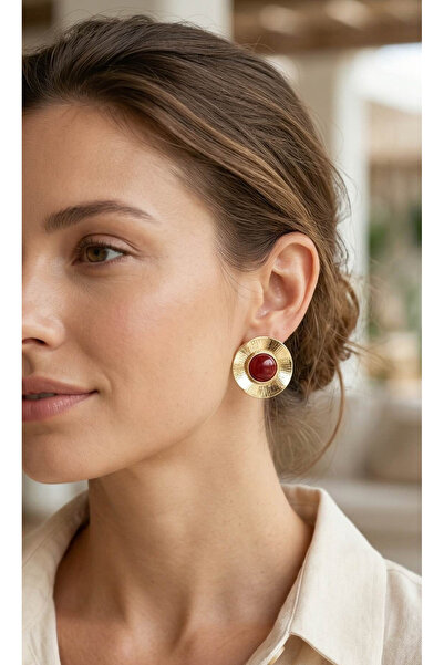 Mega Bazaar Vintage Model Burgundy Gold Color Brass Women's Earrings