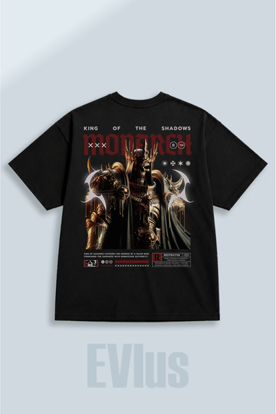 EVIus Tricou negru supradimensionat, cu imprimeu Monarch, 100% bumbac, cu dec...