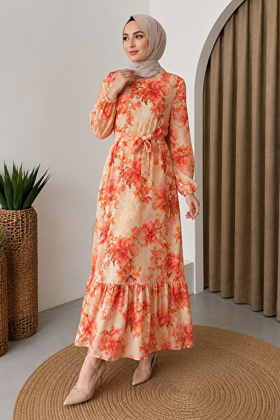Tesettür Dünyası Peony Patterned Skirt Flounce Dress Tsd260257 Orange
