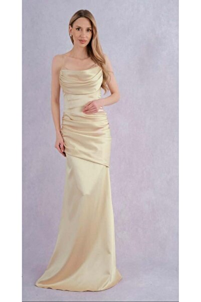 Hazel Women's yellow strapless off-the-shoulder satin evening gown with drape...