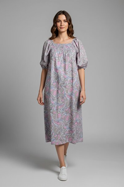 Generic Brand Rochie de Damă Midi cu Imprimeu Paisley – Mâneci Bufante și Bus...