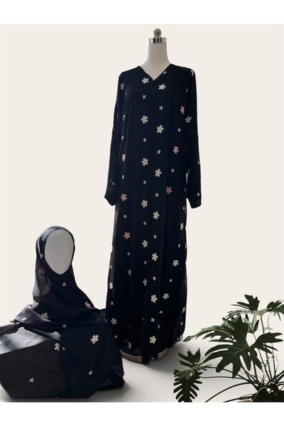 Musk Couture Floral Embroidered Black Abaya and Matching Hijab Set | Modest D...