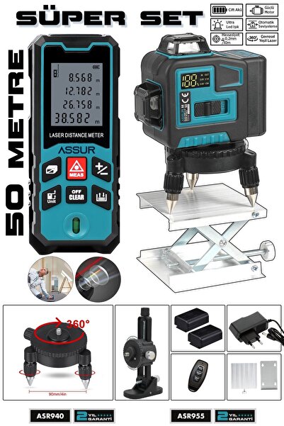 ASSUR Lazer Metre + 360° 12 Köşe Otomatik Hizalamalı Yeşil Çizgili Su Terazil...