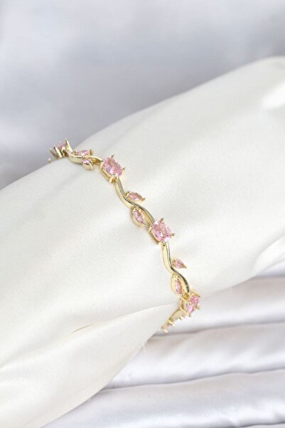 Skygo Brass Gold Color Pink Zircon Stone Flower Model Women's Bracelet Tj-Bb8538
