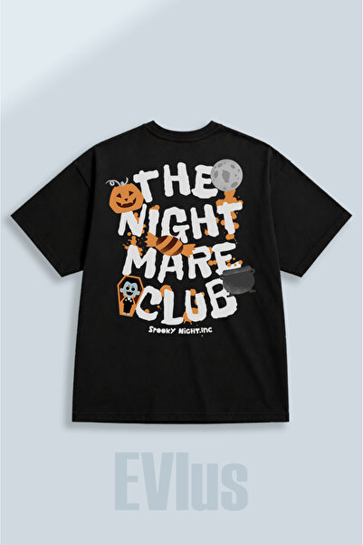 EVIus Tricou negru oversize cu imprimeu Nightmare Club, 100% bumbac, cu decol...