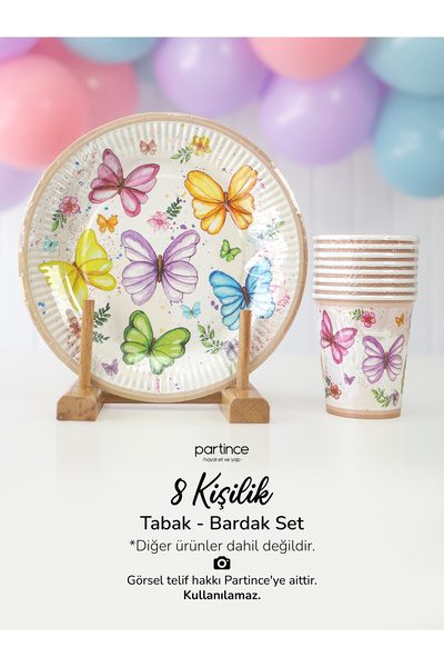 partince 8 Kişilik Pastel Kelebek Çiçek Tema Kullan At Karton Tabak Bardak Pa...