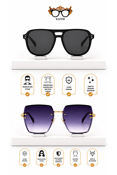 BAPPİR Black Rectangular Frame and Women's Laser Cut Metal Frame Sunglasses f...