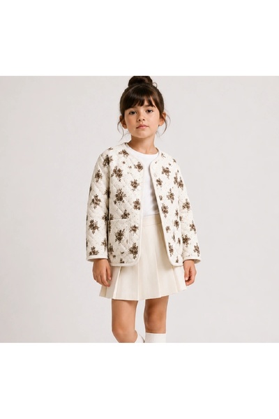 LİLİYUM معطف موسمي مبطن ومرسوم بنقوش للفتيات - جاكيت ناعم مع جيوب بزرار كبس ل...