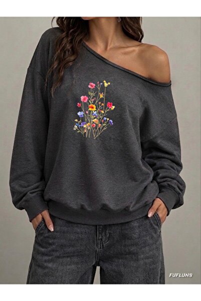 FUFLUNS Colorful Flower Printed Oversize Women's Boat Neck Sweatshirt