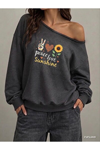 FUFLUNS سويت شيرت نسائي كبير الحجم مطبوع عليه PEACE LOVE SUNSHINE بياقة كاياك