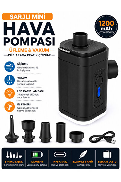HookAh Şarjlı Mini Elektrikli Nargile Hava Pompası 1200 mAh - Şişirme & Vakum Özellikli - 3 Mod LED Kamp Lambası ve El Feneri - 5 Başlıklı