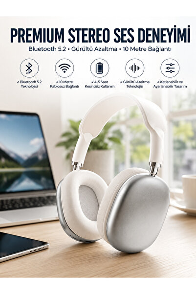 Lisinya P9 Plus Kablosuz Kulak Üstü Bluetooth Kulaklık Beyaz Yüksek Ses Kalit...