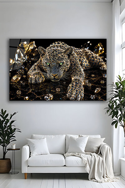 Parıltı Yayınları Lüks Taş Detaylı Leopar Cam Tablo Siyah Gold Işıltılı Dekor...