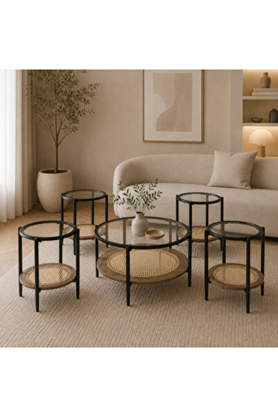on home Modern Glass and Wood Tea Table Set Round (1+4)
