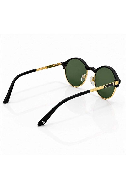 Fumes Classic Round Polarized Sunglasses for Men & Women, Black & Gold Frame with Green Lenses