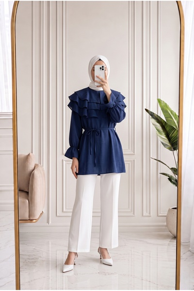 Holehola Elis Collared Layered Strawberry Shirt with Elasticated Sleeves-Na88...