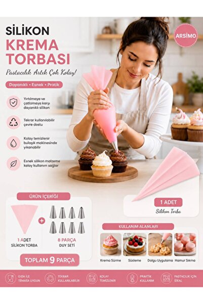 Arsimo 9 Parça Yıkanabilir Silikon Krema Sıkma Torbası Ve Şekillendirici Duy ...
