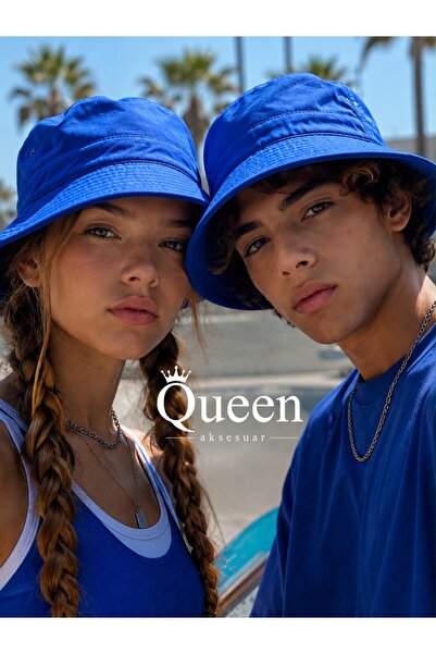 QUEEN AKSESUAR Unisex Solid Color Saks Blue Bucket Hat with Lettering Fisherm...