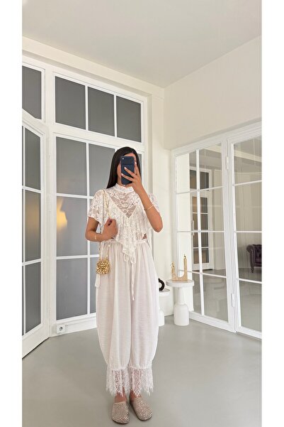 GAUS CO Beyaz Beli Lastikli Dantel Detaylı Pinterest Şalvar GAUS-01763