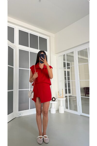 GAUS CO Kırmızı Fermuarlı Bluz Şort Etek İkili Modal Kumaş Takım GAUS-01820