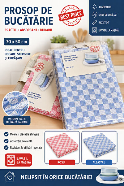 OEM Top Bottom Set of 2 100% Cotton Kitchen Towels (50x70 cm) - Red and Blue