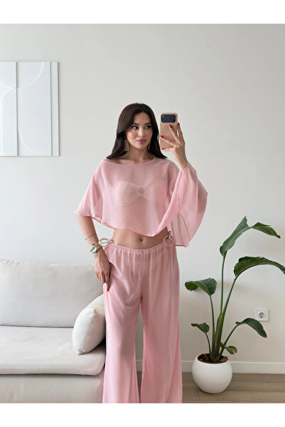 Zoom Butik Pelerin Tül Pareo Takım - PEMBE