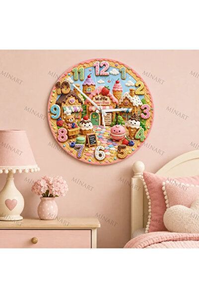 ensaat Waffle and Dessert Shop Town Children's Room Wall Clock Silent Wooden ...