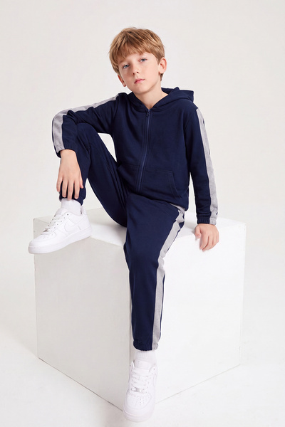 FYK KİDS Boy's Stripe Detailed Zippered Hooded Double Pocket Tracksuit Set