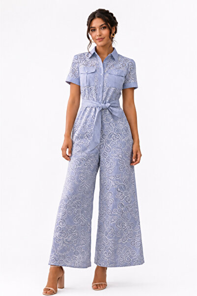 2TRENDY Women's Light Blue Short-Sleeved Lace Jumpsuit