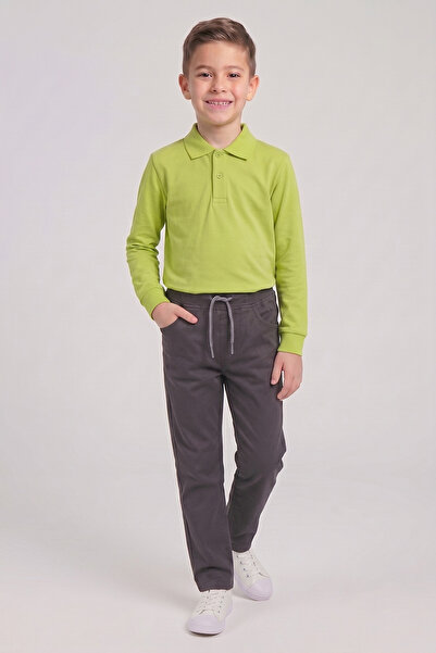 nacar çarşı Boy's Pistachio Green Long Sleeve Polo Collar T-Shirt Smoked Ribb...