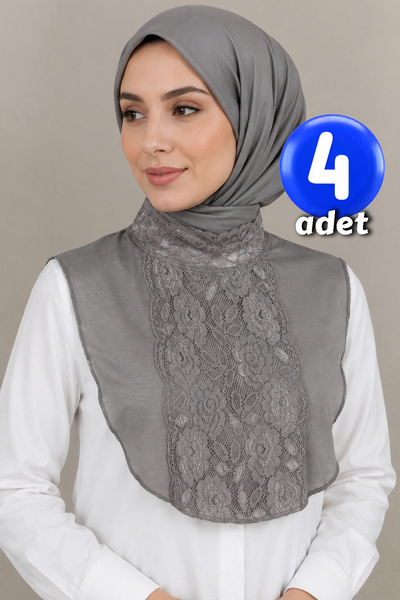 A8 Kurumsal Hizmetler 4 Adet Gri Renk - Lüks Tam Dantelli Tesettür Boyunluk S...