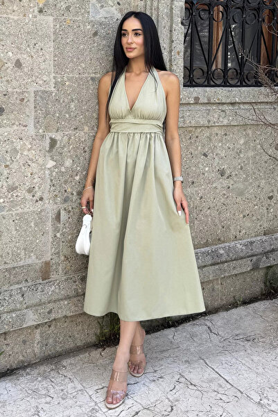 Aryena Mint Shoulder Tie Poplin Dress