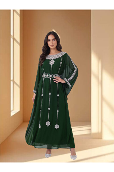 FNM Women's Rhinestone Embellished Chiffon Kaftan Dress - Belted Formal Maxi ...