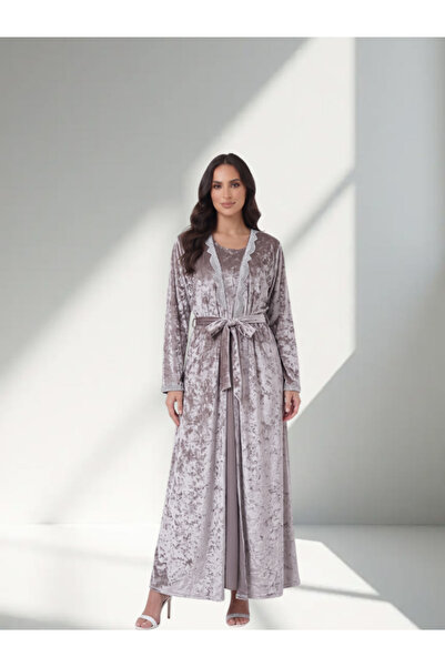 FNM Women's Crushed Velvet Belted Abaya - Lace Trim Lapel & Cuffs Open Front ...