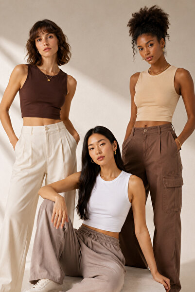 Loule Women's 92% Cotton Crew Neck 3-Piece Sleeveless Crop Tank Top - Stretch...