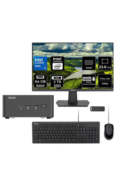 ASUS NUC 15 Pro Tall Intel Core 3-100U 64GB RAM 2TB SSD 23.8" Full HD Monitör FreeDOS RNUC15CRHI300002P534 Mini Masaüstü Bilgisayar + PER4 USB BELLEK