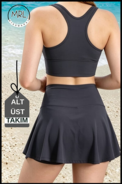 missmaral Kadın Antrasit Şortlu Mayo Takımı İçten Boxerlı 2 Katmanlı Cepli Göğüs Pedli Toparlayıcı